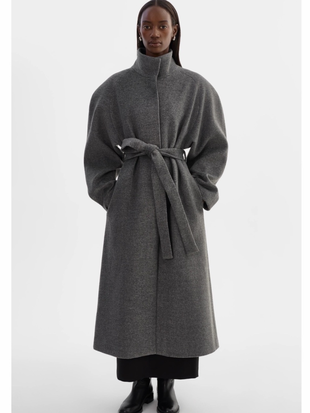 Lamarque Charcoal Gray Belted Wool-Blend Pea Coat